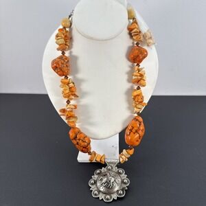 Trigg Leather Western Orange Stone Beaded Concho Necklace & Earrings Set
